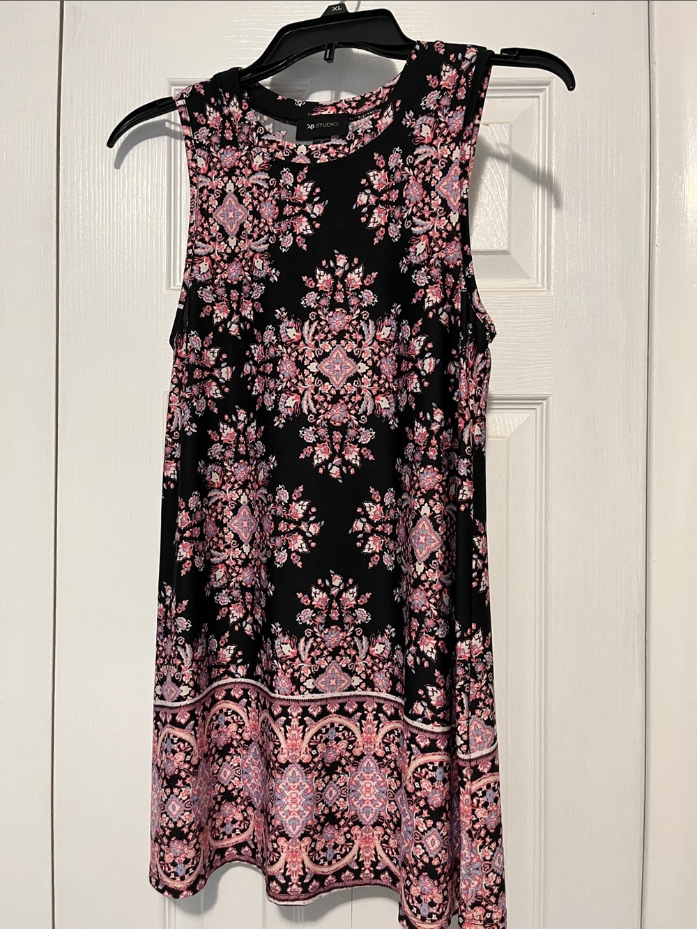 AB Studio Black Sleeveless Mini Dress with Pink Floral Medallions
